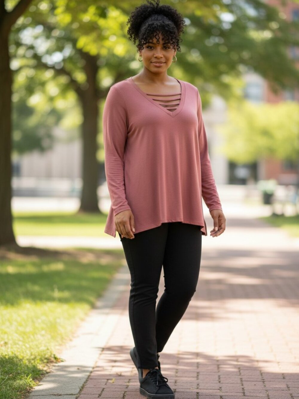Pink Rose Top Women Large Mauve Excellent Caged V-Neck Long Sleeve PS839136